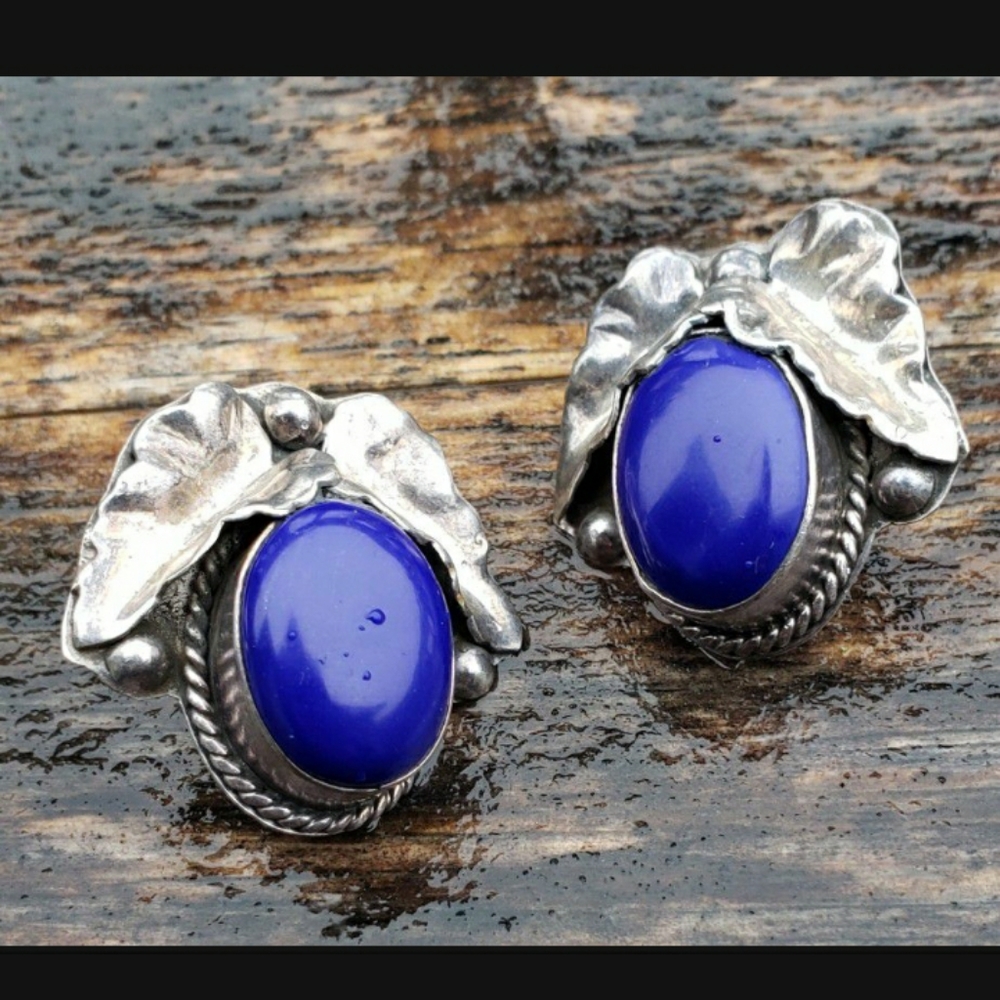 Taxco Mexico Vintage Lapis Sterling Silver Handcrafted Post Earrings